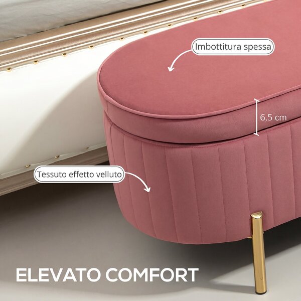 HOMCOM Panca contenitore ovale in velluto con coperchio, 72 L, 108x44x43,5 cm, rosa | Aosom Italy