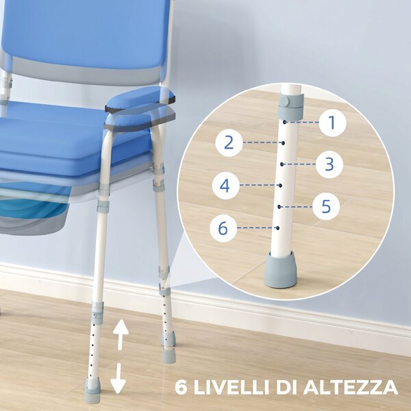 HOMCOM Sedia 5 in 1 per WC e doccia con altezza regolabile e secchio rimovibile, celeste | Aosom Italy