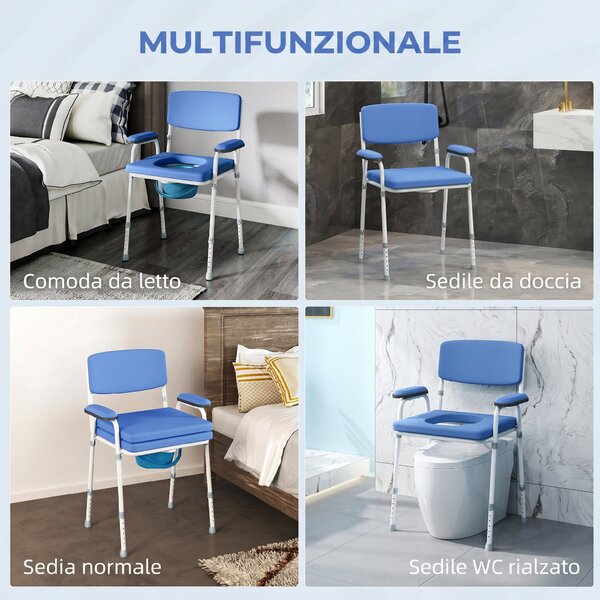 HOMCOM Sedia 5 in 1 per WC e doccia con altezza regolabile e secchio rimovibile, celeste | Aosom Italy