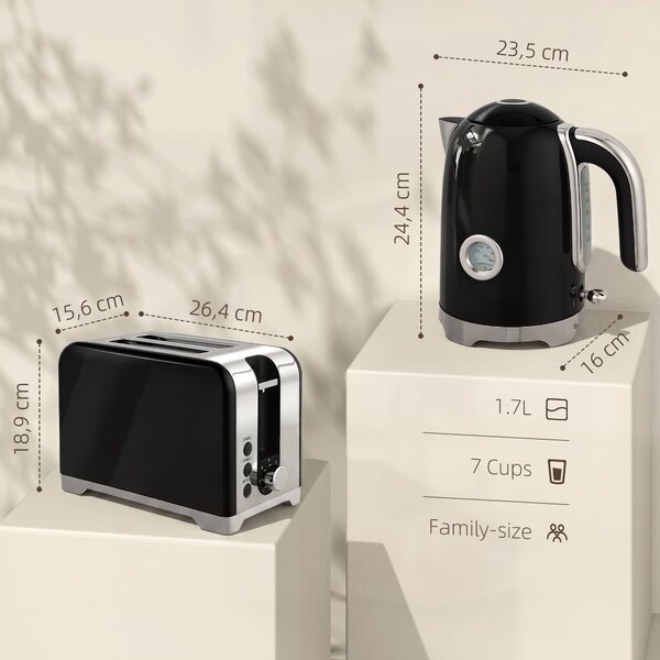 HOMCOM Set bollitore 1,7 L da 2200 W e tostapane 2 fette con 7 livelli di doratura | Aosom Italy