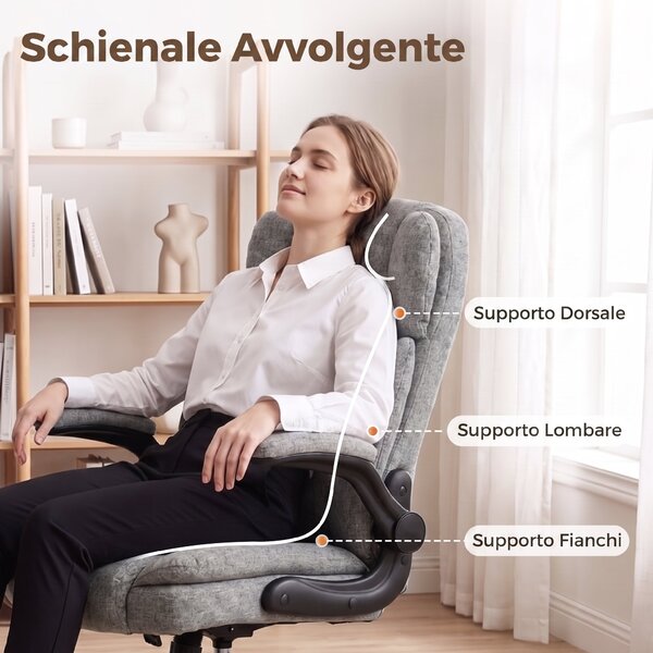 HOMCOM Sedia Ufficio Girevole con Braccioli Ribaltabili, Altezza Regolabile, Dondolo in Tessuto Effetto Lino, Grigio | Aosom Italy