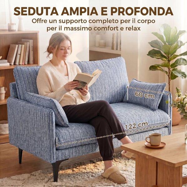 HOMCOM Divano 2 Posti in Lino Traspirante con Imbottitura Spessa, 2 Cuscini, Braccioli, per Soggiorno, Salotto, Blu | Aosom Italy