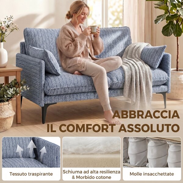HOMCOM Divano 2 Posti in Lino Traspirante con Imbottitura Spessa, 2 Cuscini, Braccioli, per Soggiorno, Salotto, Blu | Aosom Italy