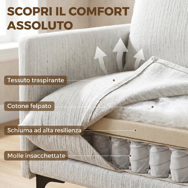 HOMCOM Divano 2 Posti in Lino Traspirante con Imbottitura Spessa, 2 Cuscini, Braccioli, per Soggiorno, Salotto, Bianco | Aosom Italy