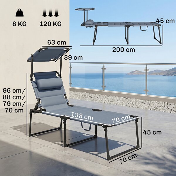 Outsunny Lettino da Giardino Pieghevole con Tettuccio e Schienale Reclinabile su 4 Livelli, Lettino Prendisole con Cuscino, Grigio | Aosom Italy