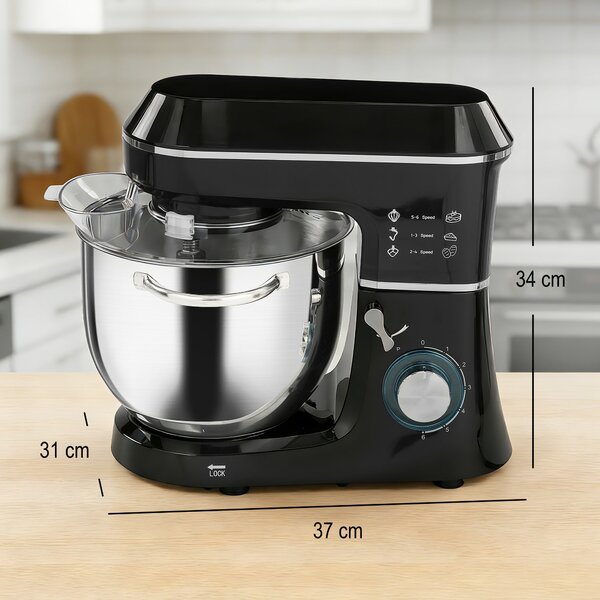 HOMCOM Impastatrice Planetaria 1400W con Ciotola 7L e 6 Velocità, Gancio Impastatore, Frusta e Sbattitore, Nero | Aosom Italy