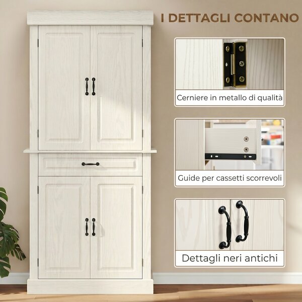 HOMCOM Credenza per Cucina con 2 Armadietti e Cassetto in Stile Coloniale, 80x35x180cm Bianco|Aosom