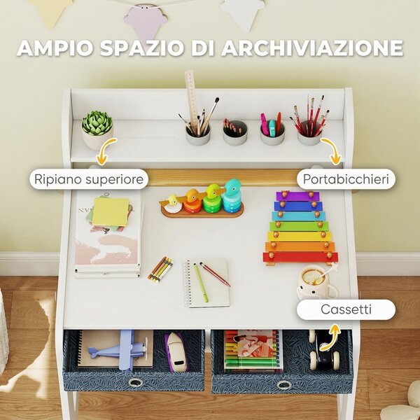 AIYAPLAY Set Scrivania e Sedia per Bambini con Ripiano, Portabicchieri, Cassetti, Ragazzi in Legno per Cameretta | Aosom Italy