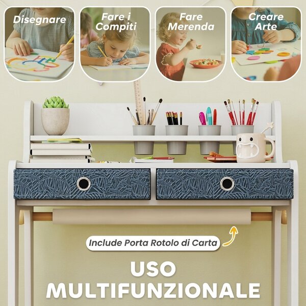 AIYAPLAY Set Scrivania e Sedia per Bambini con Ripiano, Portabicchieri, Cassetti, Ragazzi in Legno per Cameretta | Aosom Italy