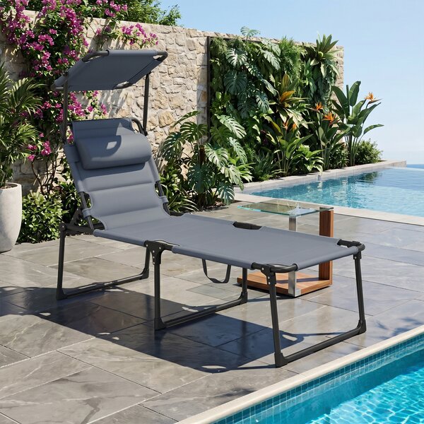 Outsunny Lettino da Giardino Pieghevole con Tettuccio e Schienale Reclinabile su 4 Livelli, Lettino Prendisole con Cuscino, Grigio | Aosom Italy