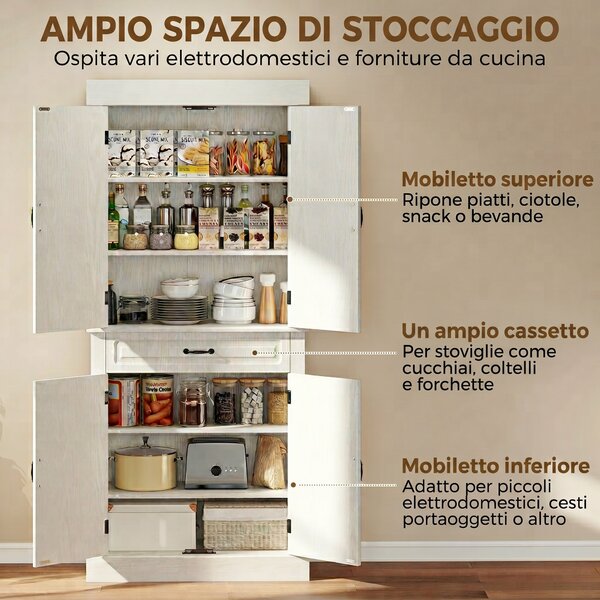 HOMCOM Credenza per Cucina con 2 Armadietti e Cassetto in Stile Coloniale, 80x35x180cm Bianco|Aosom