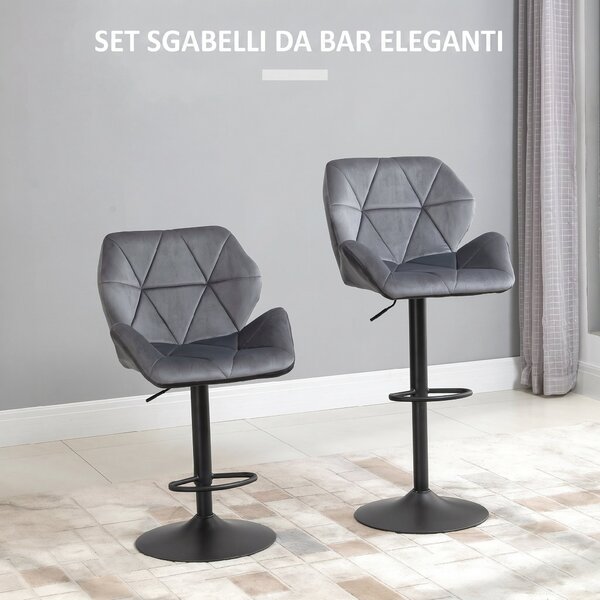 HOMCOM Set di 2 Sgabelli da Bar Alti in Velluto Imbottiti con Altezza Regolabile, Sgabelli Cucina Girevoli con Schienale e Poggiapiedi, Grigio | Aosom Italy