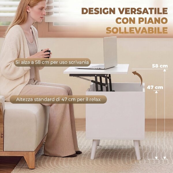 HOMCOM Tavolino da Caffè con Piano Sollevabile e Spazio Nascosto, 75 cm Bianco Punzonato | Aosom Italy