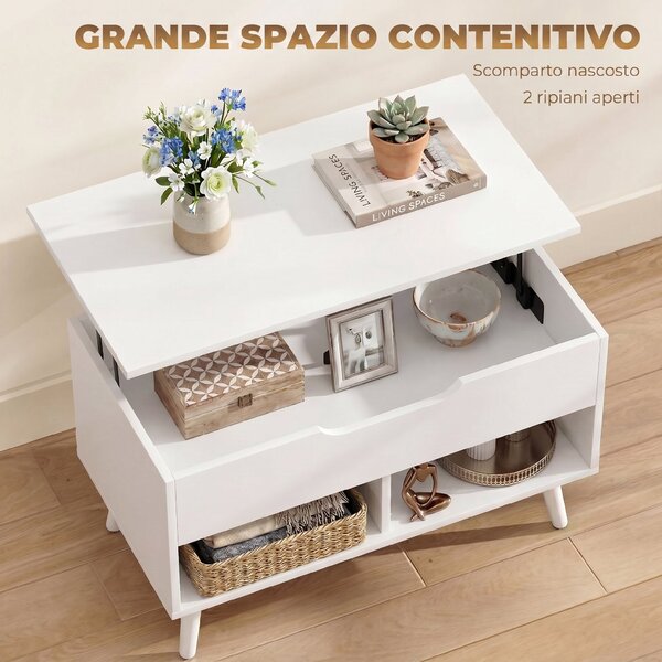 HOMCOM Tavolino da Caffè con Piano Sollevabile e Spazio Nascosto, 75 cm Bianco Punzonato | Aosom Italy
