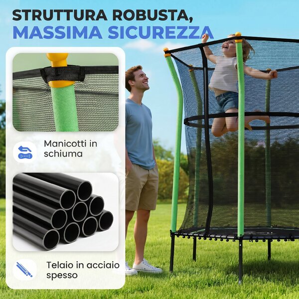 HOMCOM Trampolino Elastico per Bambini 3-10 Anni con Ingresso a Cerniera e Pali Imbottiti, Ø163.5x190 cm, Verde