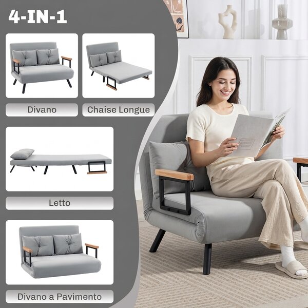HOMCOM Divano letto 3 in 1 effetto velluto con schienale regolabile e 2 cuscini, grigio chiaro | Aosom Italy