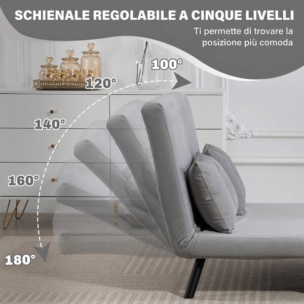HOMCOM Divano letto 3 in 1 effetto velluto con schienale regolabile e 2 cuscini, grigio chiaro | Aosom Italy