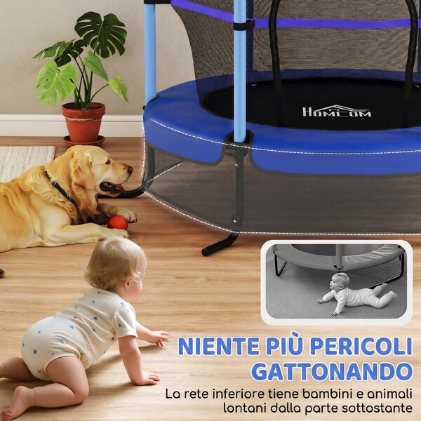 HOMCOM Trampolino Elastico per Bambini Ø1.6x1.9 m con Rete di Sicurezza e Pali Imbottiti, Età 3-10 Anni, Blu