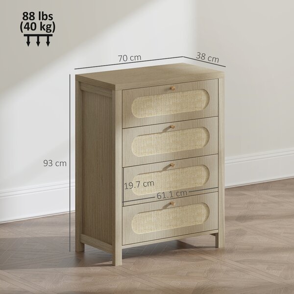 HOMCOM Cassettiera 4 cassetti in stile boho con ante in resina intrecciata, 70x38x93 cm, Legno Naturale | Aosom Italy
