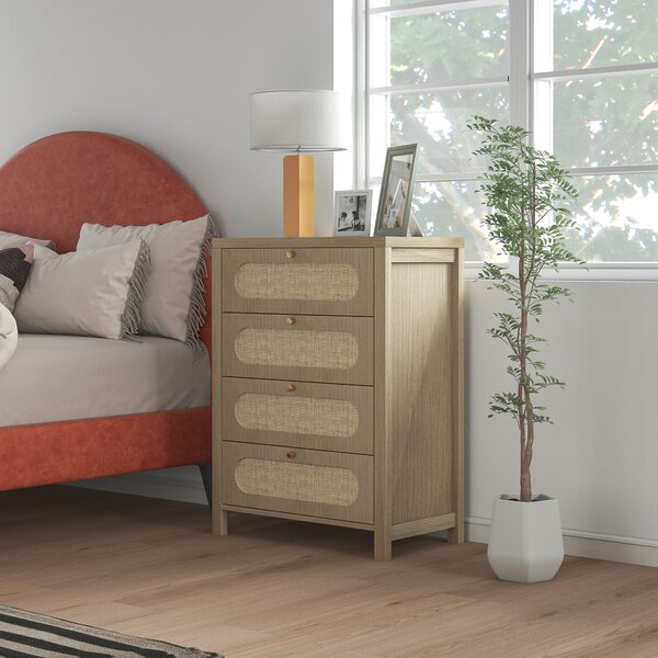 HOMCOM Cassettiera 4 cassetti in stile boho con ante in resina intrecciata, 70x38x93 cm, Legno Naturale | Aosom Italy