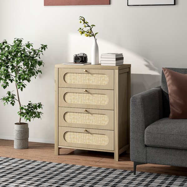 HOMCOM Cassettiera 4 cassetti in stile boho con ante in resina intrecciata, 70x38x93 cm, Legno Naturale | Aosom Italy