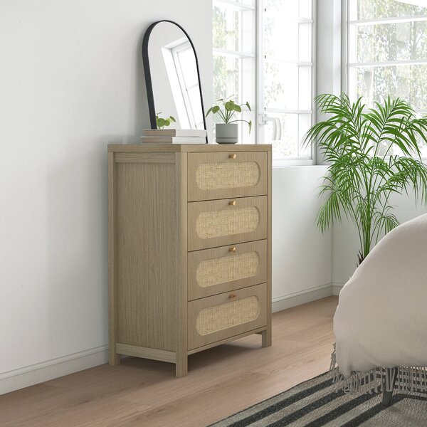 HOMCOM Cassettiera 4 cassetti in stile boho con ante in resina intrecciata, 70x38x93 cm, Legno Naturale | Aosom Italy