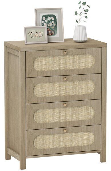 HOMCOM Cassettiera 4 cassetti in stile boho con ante in resina intrecciata, 70x38x93 cm, Legno Naturale | Aosom Italy