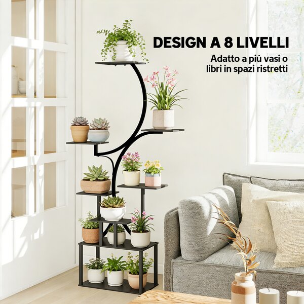 Outsunny Portapiante a 8 Livelli con Design a S per Interni ed Esterni, in Metallo, 74x26x158.5 cm, Nero | Aosom Italy