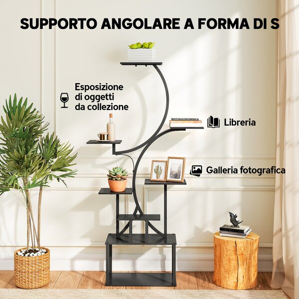Outsunny Portapiante a 8 Livelli con Design a S per Interni ed Esterni, in Metallo, 74x26x158.5 cm, Nero | Aosom Italy