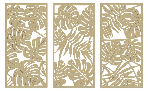 HOMCOM Set di 3 Decorazioni Murali in Legno 3D, 40 x 80 cm, Foglie Tropicali, Effetto Legno Naturale | Aosom Italy