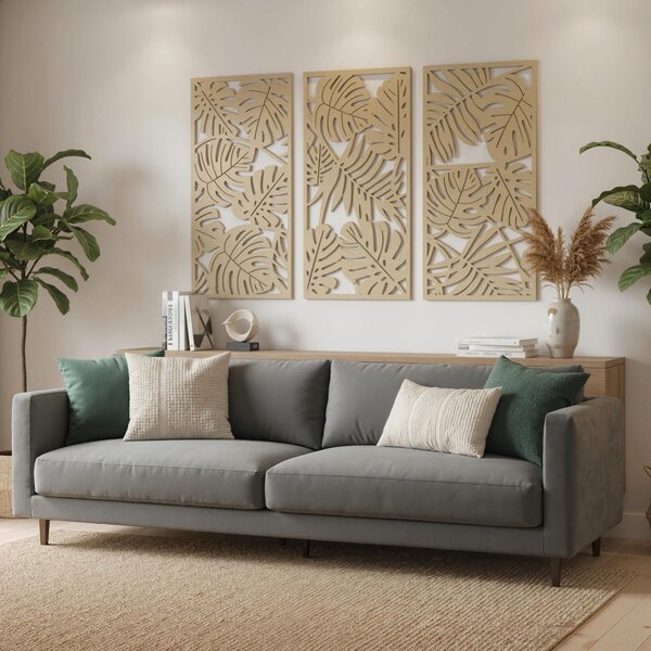 HOMCOM Set di 3 Decorazioni Murali in Legno 3D, 40 x 80 cm, Foglie Tropicali, Effetto Legno Naturale | Aosom Italy
