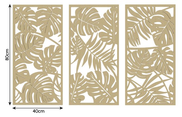 HOMCOM Set di 3 Decorazioni Murali in Legno 3D, 40 x 80 cm, Foglie Tropicali, Effetto Legno Naturale | Aosom Italy