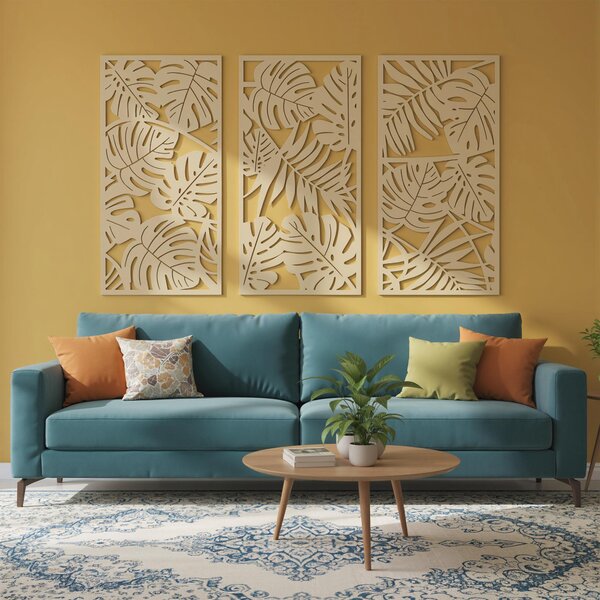 HOMCOM Set di 3 Decorazioni Murali in Legno 3D, 40 x 80 cm, Foglie Tropicali, Effetto Legno Naturale | Aosom Italy