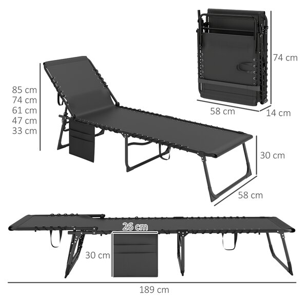 Outsunny Lettino Prendisole Pieghevole con Cuscino, Poggiatesta e Tasca Laterale, 58x189x32.5 cm, Nero | Aosom Italy