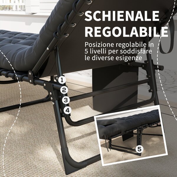 Outsunny Lettino Prendisole Pieghevole con Cuscino, Poggiatesta e Tasca Laterale, 58x189x32.5 cm, Nero | Aosom Italy