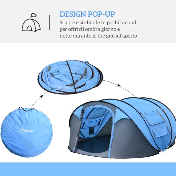 Outsunny Tenda da Campeggio Pop Up 2 Posti con 2 Porte, 4 Finestre e Telo Impermeabile, 263.5x220x123 cm, Blu | Aosom Italy
