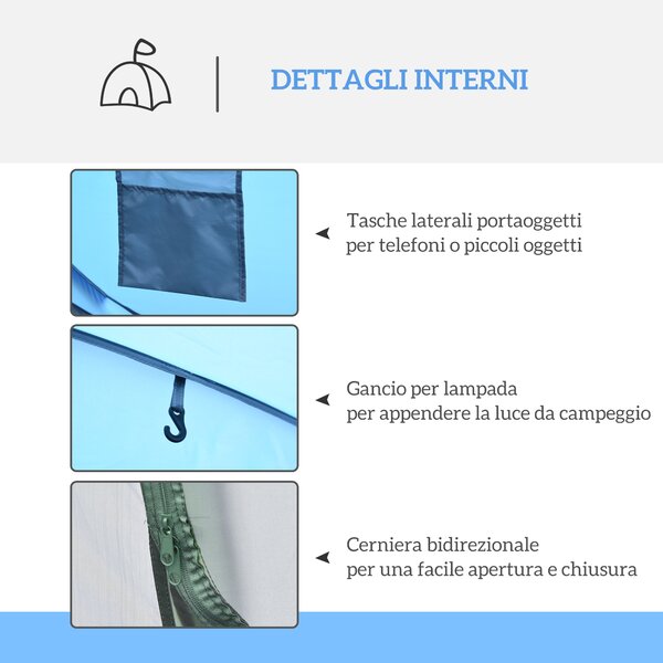 Outsunny Tenda da Campeggio Pop Up 2 Posti con 2 Porte, 4 Finestre e Telo Impermeabile, 263.5x220x123 cm, Blu | Aosom Italy