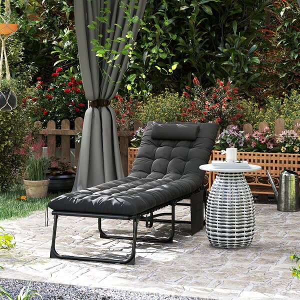 Outsunny Lettino Prendisole Pieghevole con Cuscino, Poggiatesta e Tasca Laterale, 58x189x32.5 cm, Nero | Aosom Italy