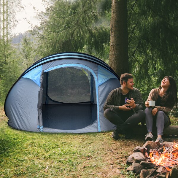 Outsunny Tenda da Campeggio Pop Up 2 Posti con 2 Porte, 4 Finestre e Telo Impermeabile, 263.5x220x123 cm, Blu | Aosom Italy