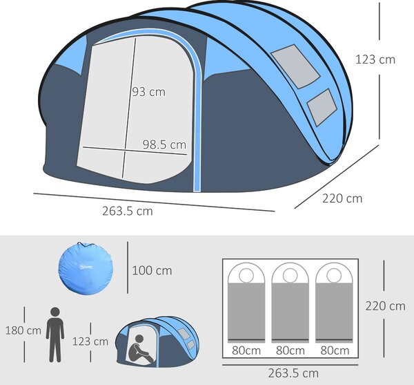 Outsunny Tenda da Campeggio Pop Up 2 Posti con 2 Porte, 4 Finestre e Telo Impermeabile, 263.5x220x123 cm, Blu | Aosom Italy