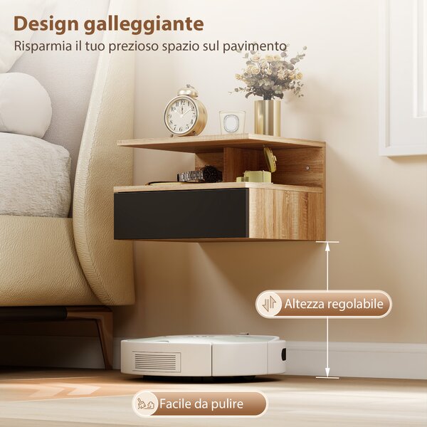 HOMCOM Set di 2 Comodini Sospesi con Cassetto e Mensola Aperta, 35x32x22.5 cm, Nero e Rovere | Aosom Italy