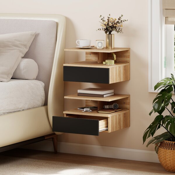 Set di 2 Comodini Sospesi 35x32x22,5 cm con Cassetto e Mensola Aperta in Legno Nero e Rovere