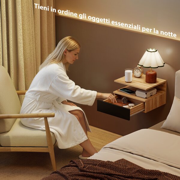 HOMCOM Set di 2 Comodini Sospesi con Cassetto e Mensola Aperta, 35x32x22.5 cm, Nero e Rovere | Aosom Italy