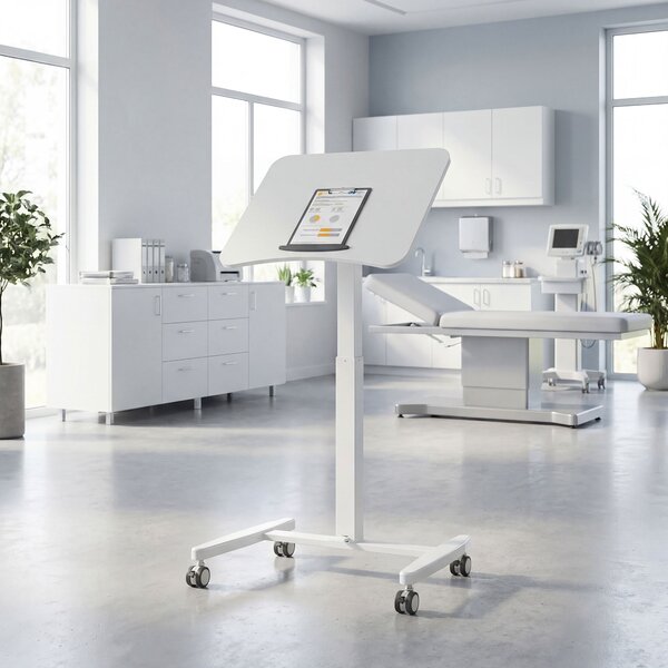 HOMCOM Scrivania Regolabile in Altezza, Piano Inclinabile, Ruote e Telaio in Acciaio, 60,5 x 52 x 75-114 cm, Bianco | Aosom Italy