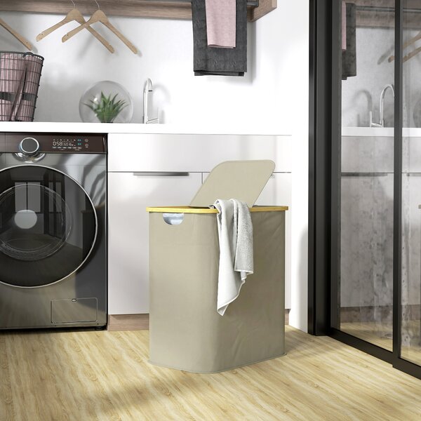 HOMCOM Cesto porta biancheria doppio pieghevole 80 L, con coperchio, maniglie scanalate, beige | Aosom Italy