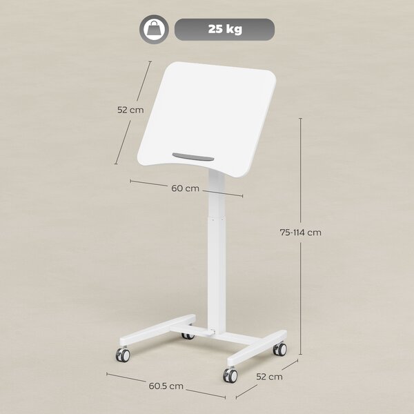 HOMCOM Scrivania Regolabile in Altezza, Piano Inclinabile, Ruote e Telaio in Acciaio, 60,5 x 52 x 75-114 cm, Bianco | Aosom Italy