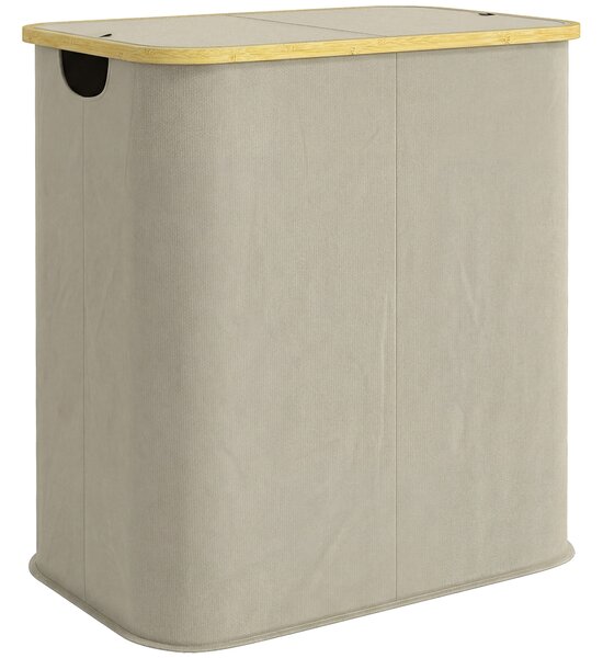 HOMCOM Cesto porta biancheria doppio pieghevole 80 L, con coperchio, maniglie scanalate, beige | Aosom Italy