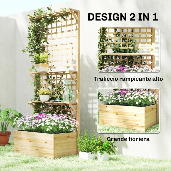 Outsunny Fioriera Rialzata in Legno con Traliccio, Tetto e 2 Mensole, 76x43.5x177 cm, Legno Naturale | Aosom Italy