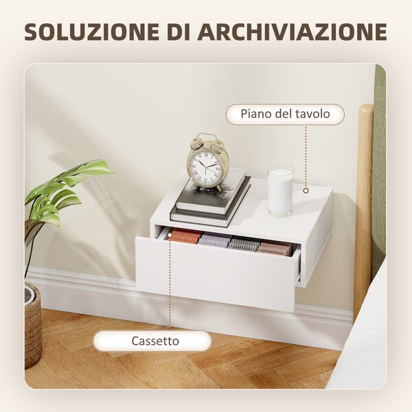 HOMCOM Set di 2 Comodini Sospesi Moderni con Cassetto in Legno, 40x30x15cm, Bianco | Aosom Italy