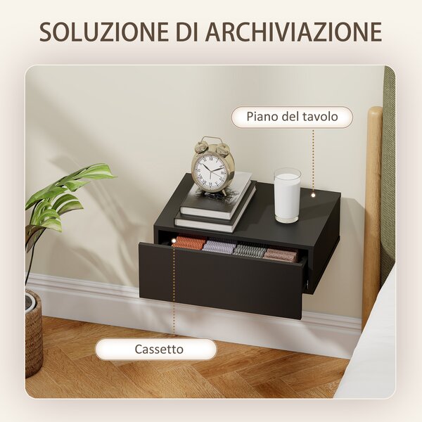 HOMCOM Set di 2 Comodini Sospesi Moderni con Cassetto in Legno, 40x30x15cm, Nero | Aosom Italy